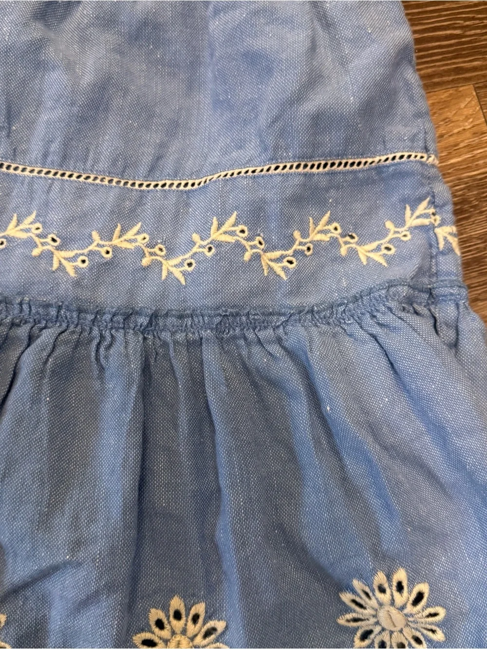LoveShackFancy Light Blue Embroidered Ruffle Mini Skirt
